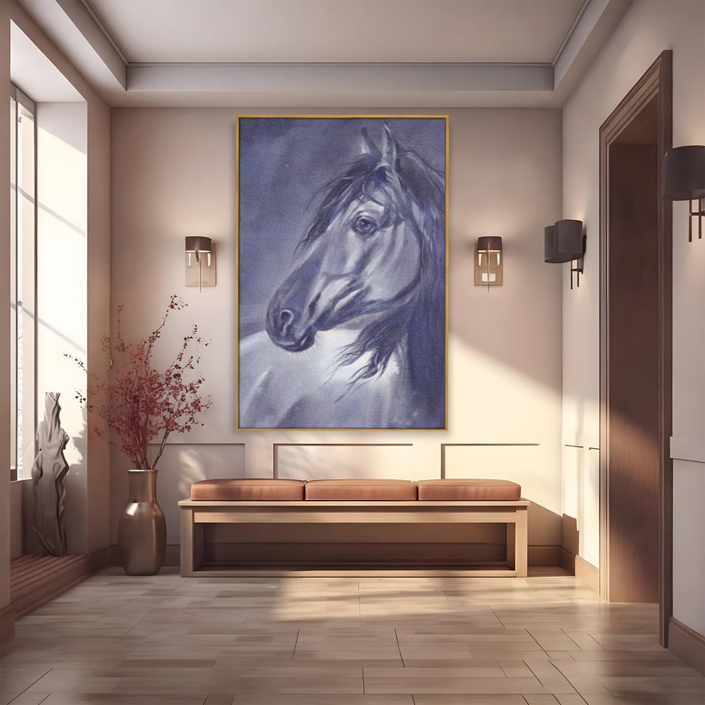 Tablou canvas cu tablou canvas cu portret de cal gri, in rama de aluminiu auriu